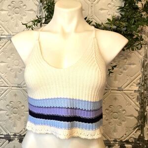 No Comment NY*LA Striped Knit Crochet Criss/Cross Stripe Cotton Tank Top Large